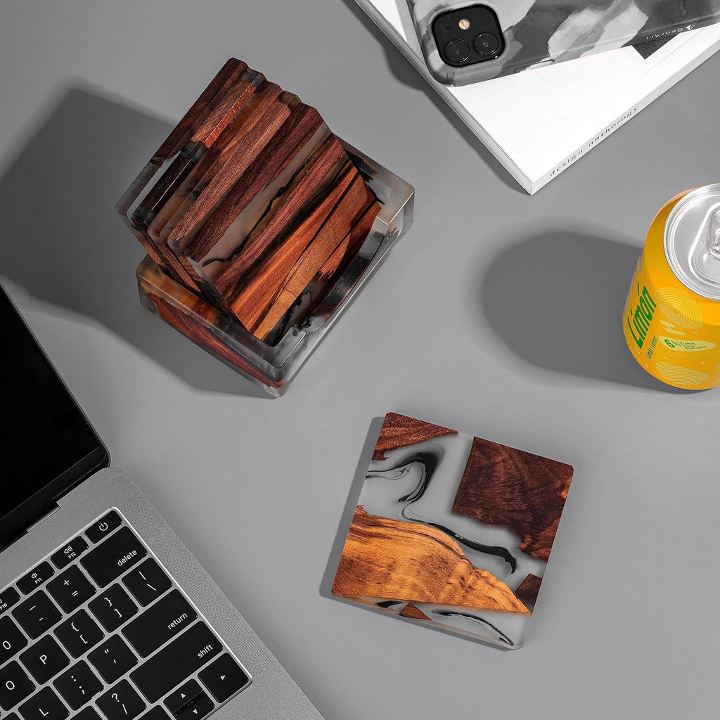 Walnut Coasters Set, Modern Coasters with Holder