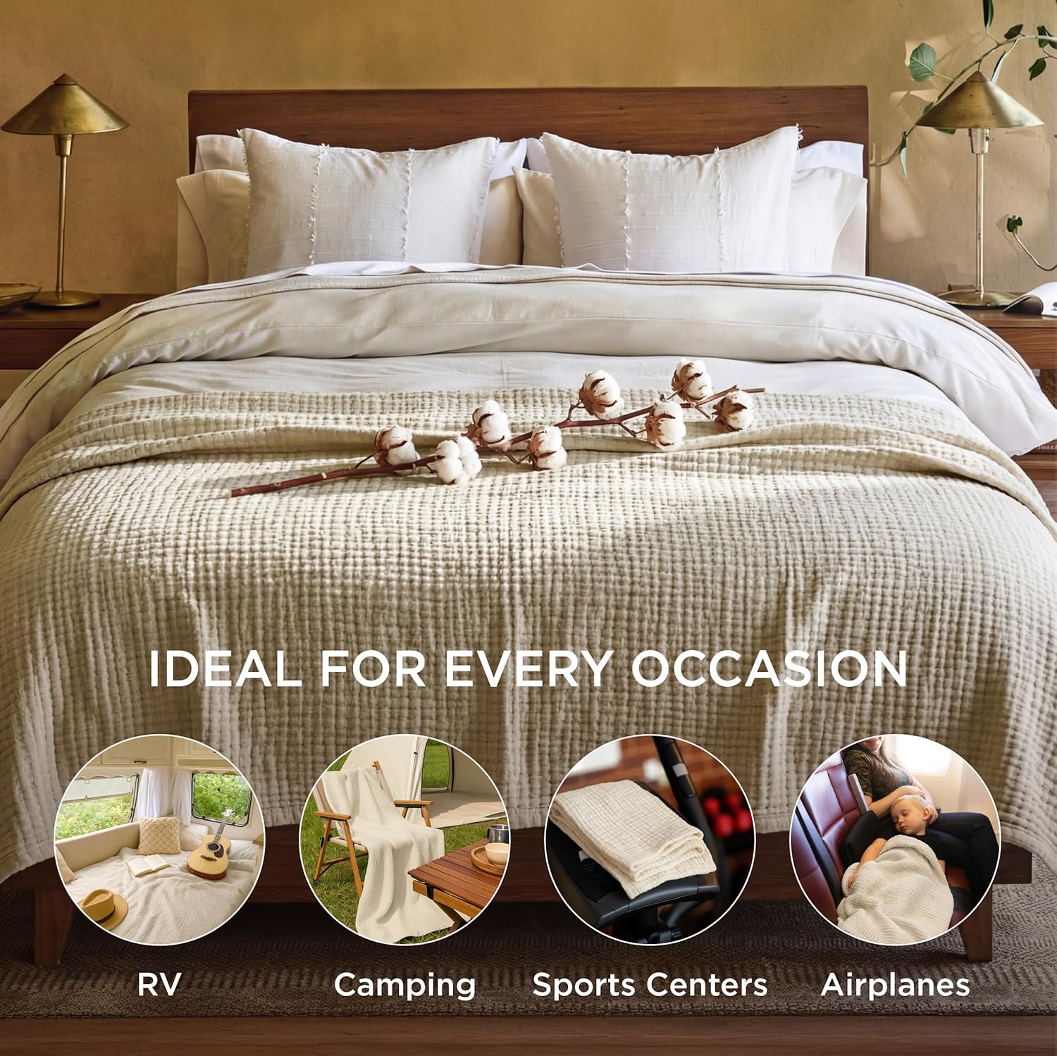 Bedsure 100% Cotton Muslin Blanket King Size for Bed - 4-Layer Breathable and Lightweight Thin Soft Summer Gauze Muslin Blanket for Adults, Linen Beige, 108x90 Inches