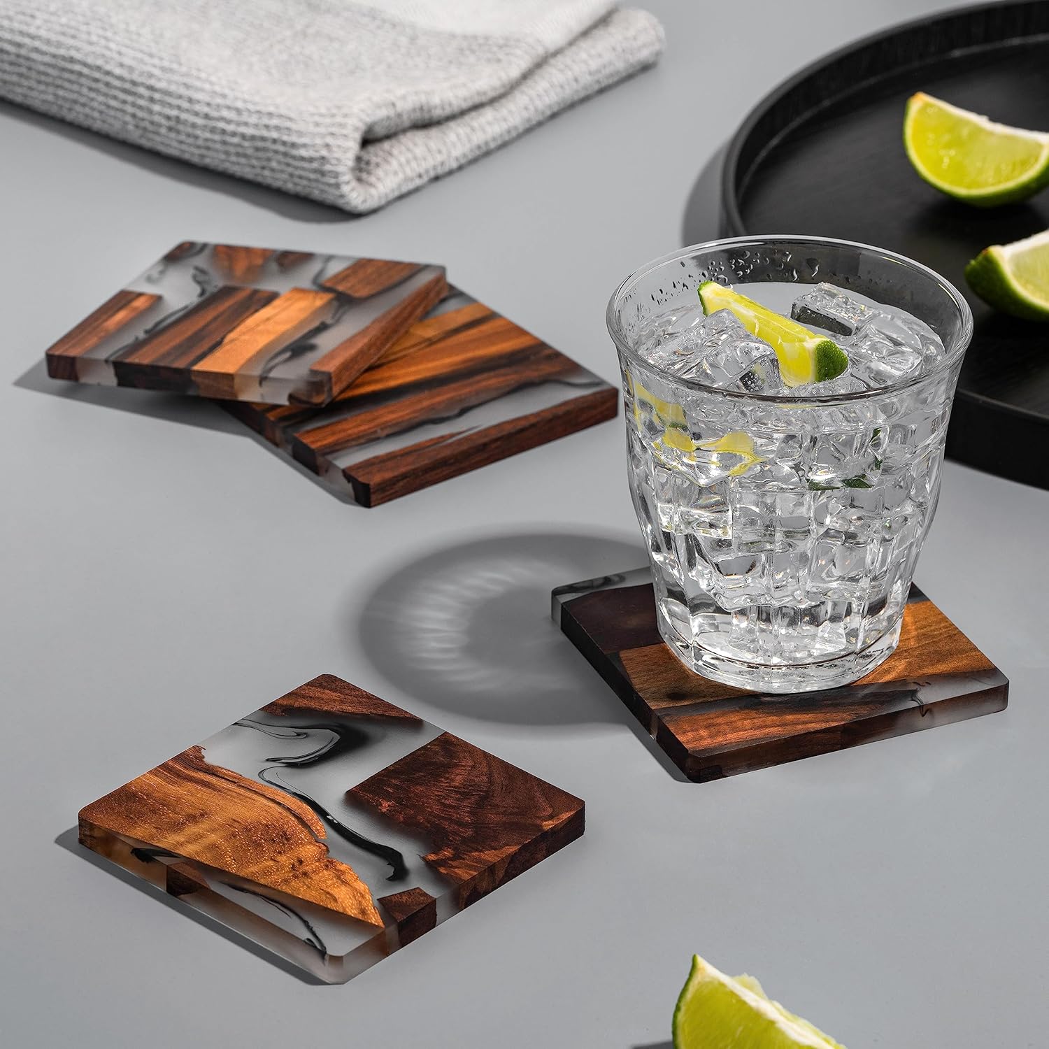 Walnut Coasters Set, Modern Coasters with Holder