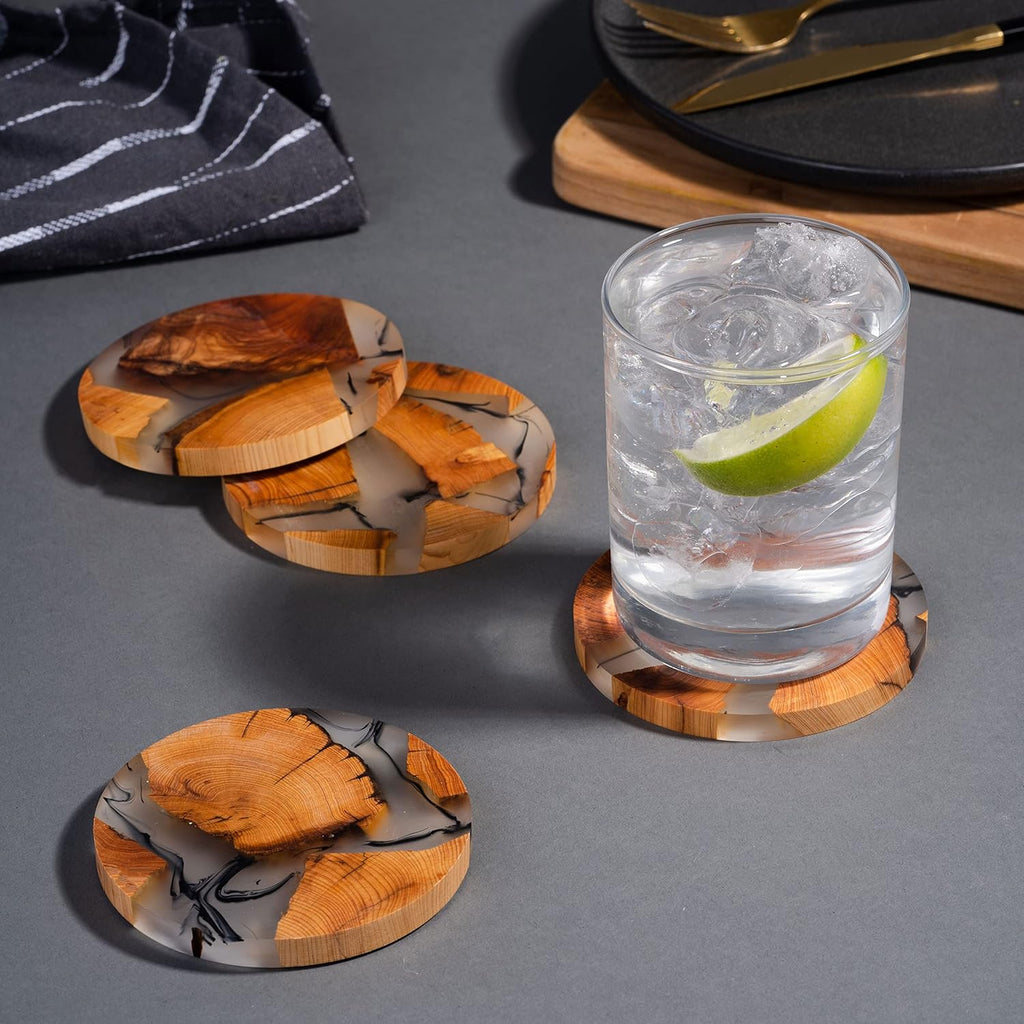 Drink Coaster Set, Wooden Absorbent Coasters, Epoxy Resin Coaster for Coffee Table, Tabletop Protection Decor, Set of 6 With Holder